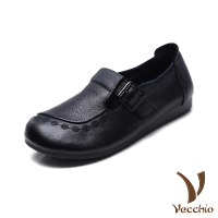 【Vecchio】真皮皮鞋 牛皮皮鞋/全真皮頭層牛皮皮帶釦飾舒適軟底小皮鞋 休閒鞋(黑)