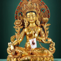 37cm Brass Copper gilt Green Tara Bodhisattva buddha statue Tibet buddhism Kwan-Yin Guanyin goddess statue Temple home decor