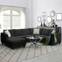 VSOGA Modular Sofa Living Room Set, 7-seater Modular Modular Sofa With Ottoman L-shaped Fabric Sofa Corner With 3 Pillows