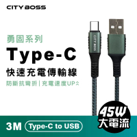 【CityBoss】勇固 45W Type-C 300CM 抗彎折 快速充電線 傳輸線(適用 iPhone 三星 OPPO)