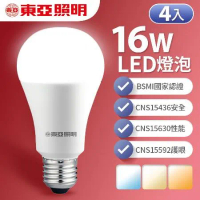 【東亞照明】4入組 16W LED燈泡 省電燈泡 長壽命 柔和光線 白光 / 黃光 / 自然光
