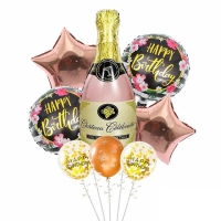 【六分埔禮品】酒瓶生日氣球8件組 香檳氣球-粉金(慶生派對造型氣球套組星星裝飾)