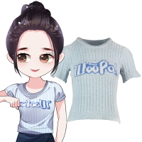 趙露思同款藍色字母針織短袖T恤女2021春季新款修身短款甜美上衣
