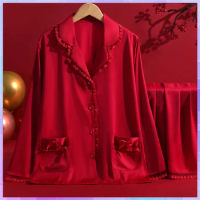 Red Silk Pajamas For Women Set Merry Christmas Satin Pajama Girl Gifts New Year Long Sleeve Two-Piece Sets Sleepwear Loungewear