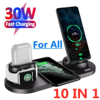 NEW 30W 10 in 1 Wireless Charger for iPhone 13 12 Pro Max X Fast Charging Pad Stand Dock Station for Apple Watch 7 6 Airpods
