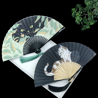中國風扇子折扇女式夏天便攜隨身折疊扇貓咪可愛少女棉布古典小扇