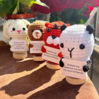 Positive Crochet Animals Crochet Doll Decor 10cm Cartoon Panda Bunny Tiger Bear Decor Cheer up Knitted Doll Holding Card Funny
