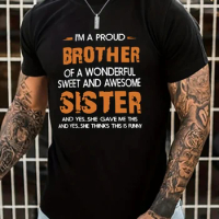 Men's Summer 100% Cotton Brother Sister Print Loose Large Casual Round Neck Short Sleeve T-shirt