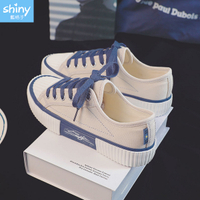 【V8974】shiny藍格子-復古色調．休閒拼色餅乾帆布鞋