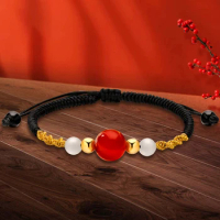 Pure 999 24K Yellow Gold 5mmW Gold Bead with 10mmW Agate Bracelet Women Gift