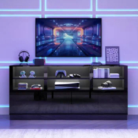 LED TV Stand, Modern Gaming Entertainment Center with Storage Shelves and Doors, for 70/75/80 Inch TVs, RGB LED Lights, TV Stand