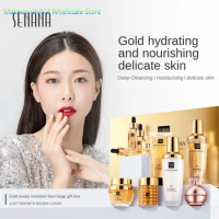 Women 24K Gold Skin Care Set Face Toner Essence Cream Nicotinamide Anti-Aging Wrinkles Serum Facial Cleanser Kit 9Pcs With Box