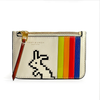 【TORY BURCH】彩虹拼接皮革可愛小兔子證件零錢夾(米白色 附贈原廠紙袋)