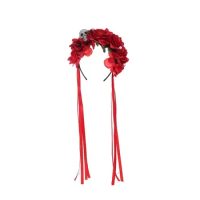Mexican Flower Crown Headband Halloween Skull Head Buckle Dark Lolita Hair Hoop Simulated Flower Dress Red Ribbon