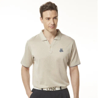 【Lynx Golf】男款雙絲光純棉點點緹花假兩件式設計小V領造型短袖POLO衫/高爾夫球衫(卡其色)