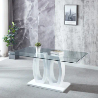 [Flash Sale]63"x35.4"x29.5"Modern Design Wood Dining Table Clear Tempered Glass Top W/White/Black Finish For 6 People[US-W]