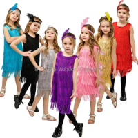1920s Girls Flapper Fancy Dress Costume Kids Role Play Cosplay Party Halloween Tassel Dress With Headband for Children