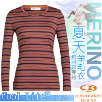 Icebreaker 女款 美麗諾羊毛 Wave COOL-LITE 圓領長袖休閒上衣.排汗衣_葡萄紅/深藍條紋
