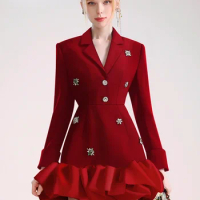 Luxury Rhinestone Red Dress Blazer for Women Autumn and Winter Elegant Design Organza Stitching Black Dress Suit Office Ladies