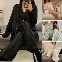 Comfortable Women Sleepwear Striped Silky Ice Silk Pajama Set for Women Long Sleeve Homewear Shirt Wide Leg Pants for Spring