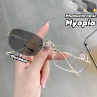 Anti-blue Prescription Eyewear Frameless Photochromic Myopia Glasses Ultra Light Color-changing Finished Near Sight Eyeglasses