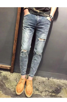 Lelaki Ripped Kurus Kurus Musnah Slim Fit Stretch Seluar Jeans Seluar Jeans dengan Lubang-Lubang㏇L0318
