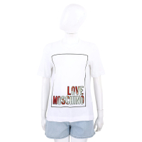 LOVE MOSCHINO 霓彩字母皮革邊框彈性棉白色短袖TEE T恤
