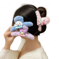 MINISO Kawaii Sanrio Clasp Hairpin Plush Kuromi Cinnamoroll Hellokitty Anime Figure Ponytail Curled Hair Accesories
