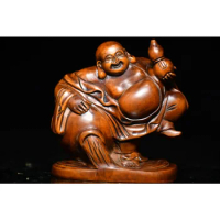 3.5" Chinese Box-wood Carving Buddhism Maitreya Buddha Hold Gourd Stand Statue Craft Gift Decoration Home Decore