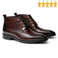 Men High Top Genuine Business Work Safety Shoes Lace Up Ankle Boots Vintage Winter Office Cowhide Leather Botas Hombre