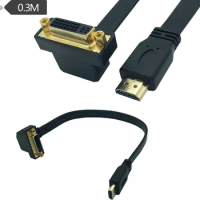 Flat Slim High Speed HDMI -compatible to DVI 24+5 Female 90° angle Cable 0.3m