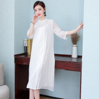 中國風茶服女夏文藝改良白色旗袍連衣裙媽媽中式棉麻素衣禪意女裝