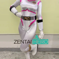 No Helmet! New Hot Sexy Shiny Satin Lady Superhero Zentai Bodysuit White/Pink Spandex Woman Gigalady Ranger Catsuits