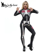 [You're My Secret] Halloween Costume For Women Bodysuits Rose Skull Skeleton Printing Jumpsuit Party Scary Catsuits