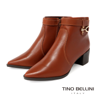 Tino Bellini 巴西進口牛皮尖頭皮帶釦飾側拉鍊粗跟短靴FWOT017-棕