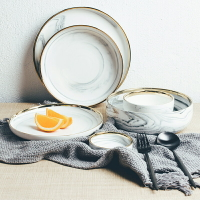 北歐ins風金邊大理石陶瓷盤碗碟套裝餐具家用早餐水果深盤湯面碗