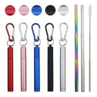 Reusable Telescopic Straw Metal 304 Stainless Steel Straw with Cleaning Brush Carry Case Collapsible Portable Drinking Straw Set