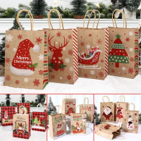 4pcs Christmas Kraft Paper Gift Bags Christmas New Year Candy Baking Biscuit Cookies Gift Tote Bag Festival New Year Storage Bag