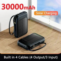 New 30000mah Solar Mini Power Bank Built Cables Solar Charger Ports External Charger Powerbank With Led Light For Samsung iphone