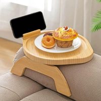 67JE Versatile Sofa Arm Table Wooden Rest Armrest Tables Round Couch Side Tray Compact Snacks Trays for Living Rooms