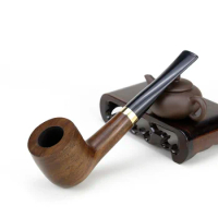 Classic Ebony Wood Pipe 9mm Filter Straight Smoking Pipe Metal Ring Tobacco Pipe Smoke Accessory