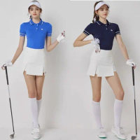 Blktee lady Stripe Anti-sweat Golf Shirt Short Sleeve Polo Tops Ladies Double Layer Pleated Skirts Slim Pencil Skort Casua Suits