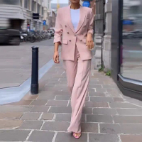 Tesco Pink Blazer And Wide Leg Pants For Women Suit Sets Classic Double Breasted Jacket 2 Piece Casual Women's Pantsuit