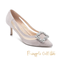 Pineapple Outfitter-GAUGE 麂皮方鑽側簍空高跟鞋-絨灰