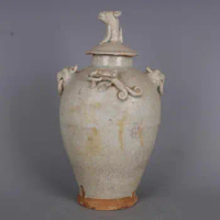 White Grey bottle Embossed Dog Head Ceramic Vase Lid Pot Vase Japanese Chinese Decoration Vase Gray