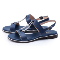 【MAGY】金屬造型飾釦牛皮平底涼鞋(藍色)