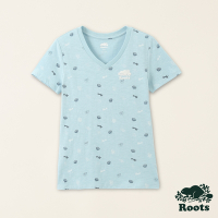 Roots女裝-海洋生活家系列 海洋元素有機竹節棉V領短袖T恤-淺藍色