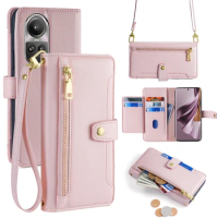 Luxury Leather Flip Phone Case for OPPO Reno 10 8 7 6 5 4 3 SE Pro Plus Zipper Wallet Phone Case With Lanyard and Card Slots