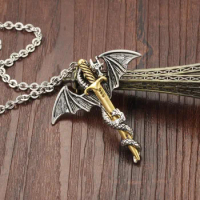 Dragon Sword Pendant Charms Necklace Men Punk Rock Stainless Steel Necklaces For Men Vampire Bat Angel Wings Wicca Pendants