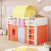 Twin Size Loft Bed,Unique Design Loft bed with Tent &amp; Tower &amp; 3 Pockets,Spacious Under Bed Space,for kids bedroom,Orange